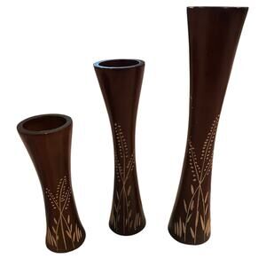 Set 3 Wooden Candlesticks Carved Printed Decorative Hand-Carved Handmade